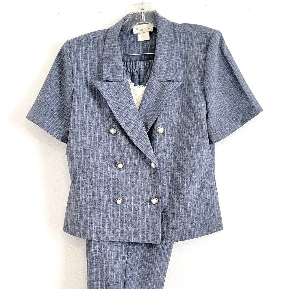 Pride & Joy Womens 2pc Short Sleeve and Pant Suit  Blue Pinstripe Size 10p